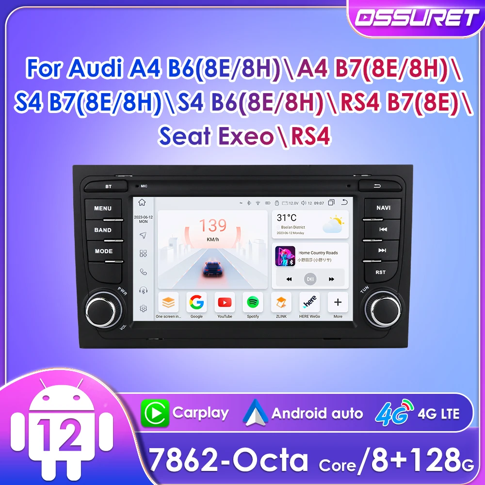 Ossuret 2Din 7 Pollici Android12 Autoradio Per Audi A4 S4 Rs4 B6 B7 H8 2000 - 2006 Ui7862 Stereo Multimedia Carplay Gps Dsp Rds Bt