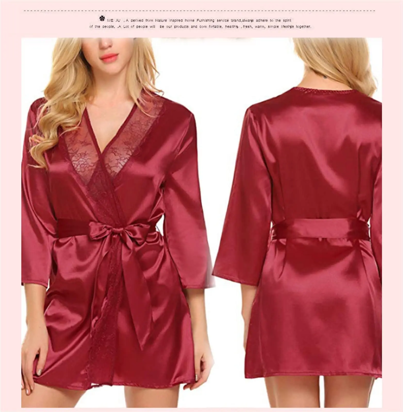 Women's Sexy Satin Solid Color Robe Lace Trim Kimono Nightgown Deep V Neck Lingerie Pajamas Bathrobe Sexy Sleepwear of Women 6