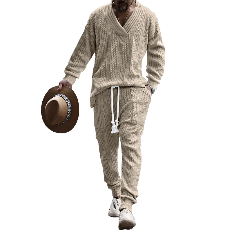 

2023 New V-neck Jacquard Men's Set Autumn Street Leisure Trend Knitwear Fashion Long Sleeve Drawstring Men's Pantalones hombre