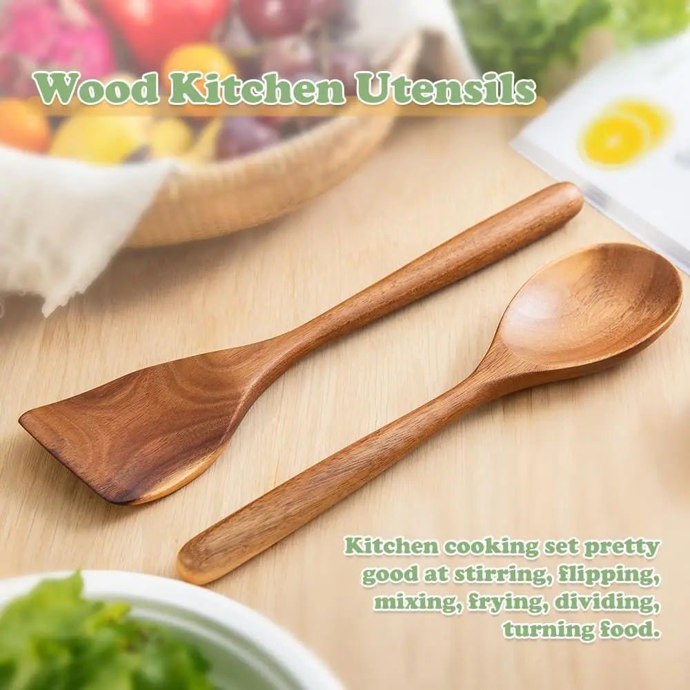 2-Piece Wooden Cooking Spoon Set, Acacia Wood Utensils for Frying, Mixing & Non-Stick Cookware 5
