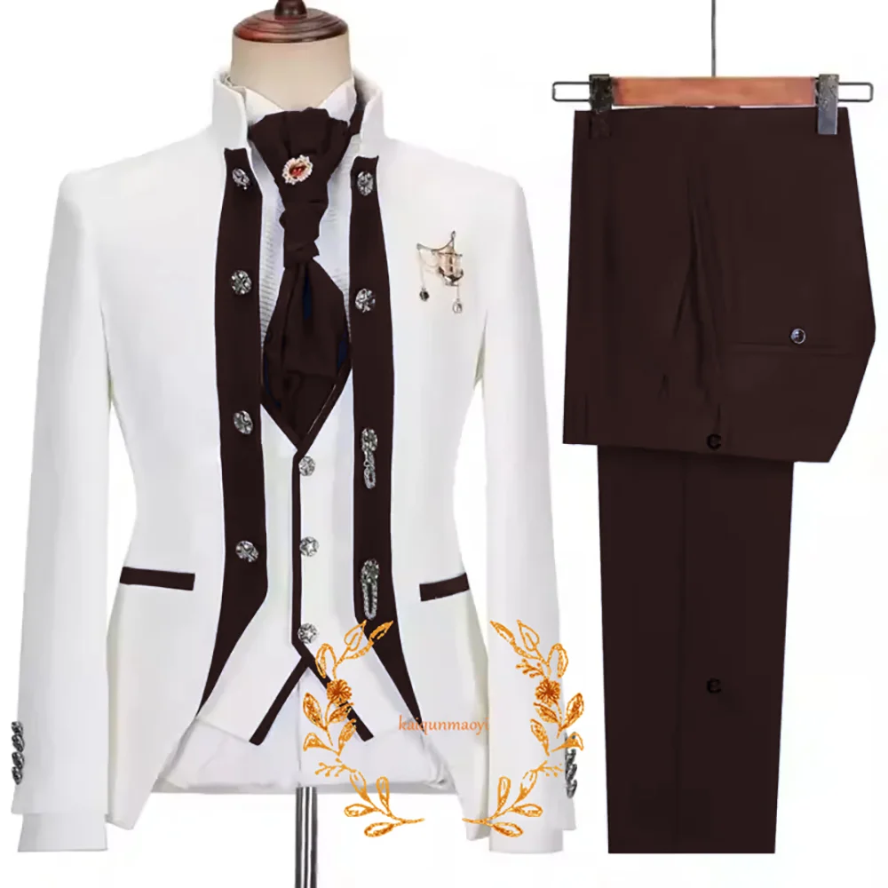 Elegant 3-piece Men's Suit White Jacquard Jacket Trousers and Vest Three-piece Set Formal Wedding Groom's Tuxedo 3