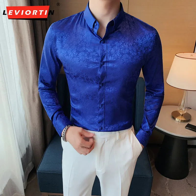 

Luxury Print Long Sleeve Shirt For Men Clothing 2022 Slim Fit Casual Prom Tuxedo Business Formal Wear Office Blouse Homme 4XL-M
