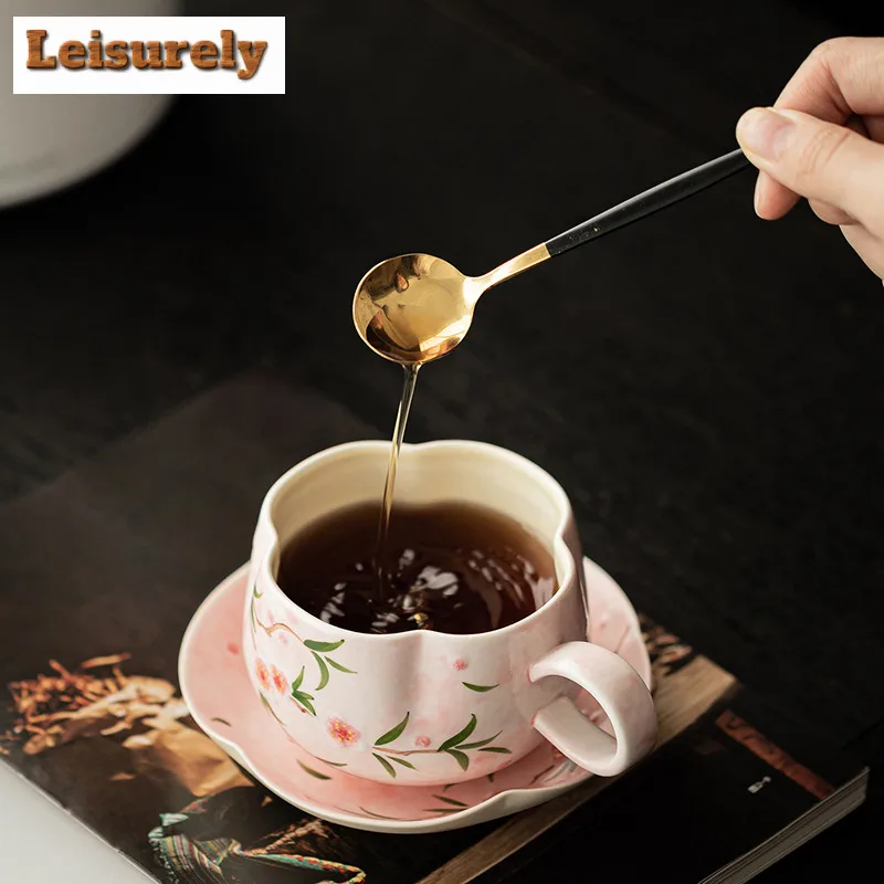 200ml Hand-painted Peach Blossom Coffee Mug With Plate Milk Cup Afternoon Tea Mug Coffee Milk Pot Cup Saucer Kit Cafes Supplies