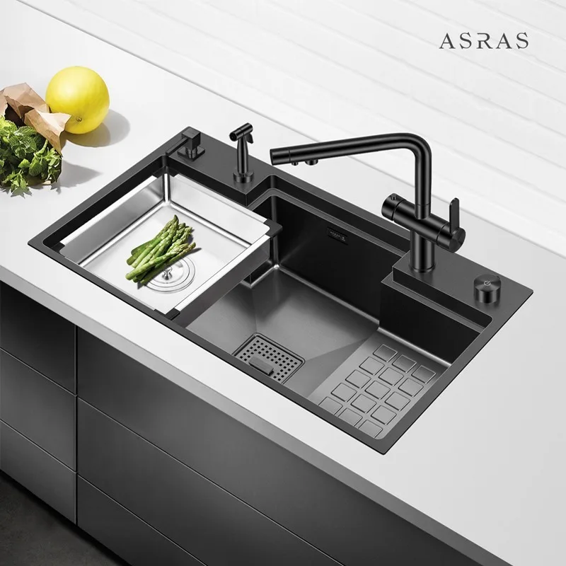 ASRAS Black Nano Kitchen Sink with Ladder Style Large Single Sink, Left/Right Tap Holes and 304 Stainless Steel Wash Basin