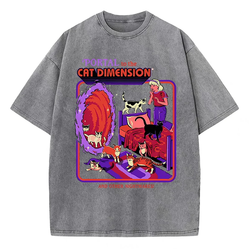 Portal To The Cat Dimension Washed Retro Men Clothes Fashion Summer T-Shirts Streetwear Cotton Loose Tops Breathable Tee Couple