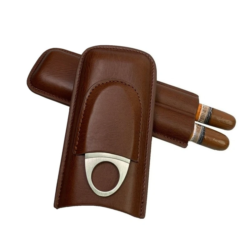 IFASUNMI Zigarren-Reisezubehör 2-Finger-Tasche Leder PU Zigarrenetui Zigarrenschneider Zubehör Braune Farbe – Detail 6