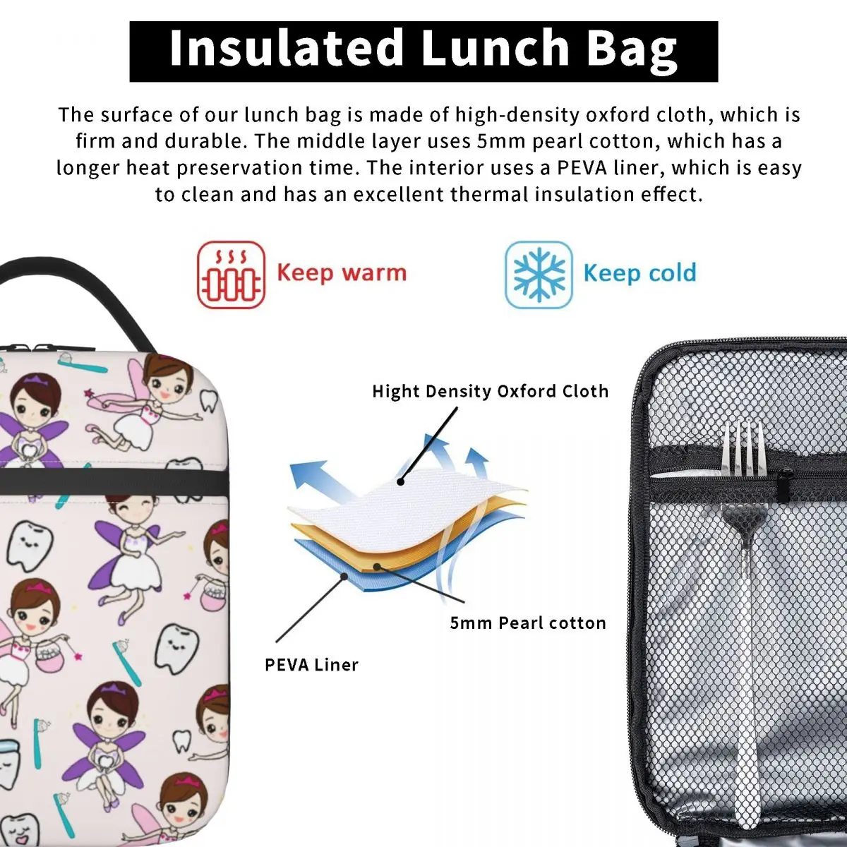 Dental Tooth Fairy Pattern Insulated Lunch Bags for Work School Dentist Teeth Leakproof Thermal Cooler Bento Box Women Kids