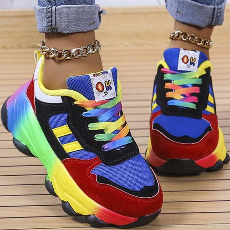 Women Rainbow Sneakers Breathable Lace Up Casual Personality Large Size Running Dad Shoes Zapatillas Deportivas - Women's Vulcanize Shoes - AliExpress