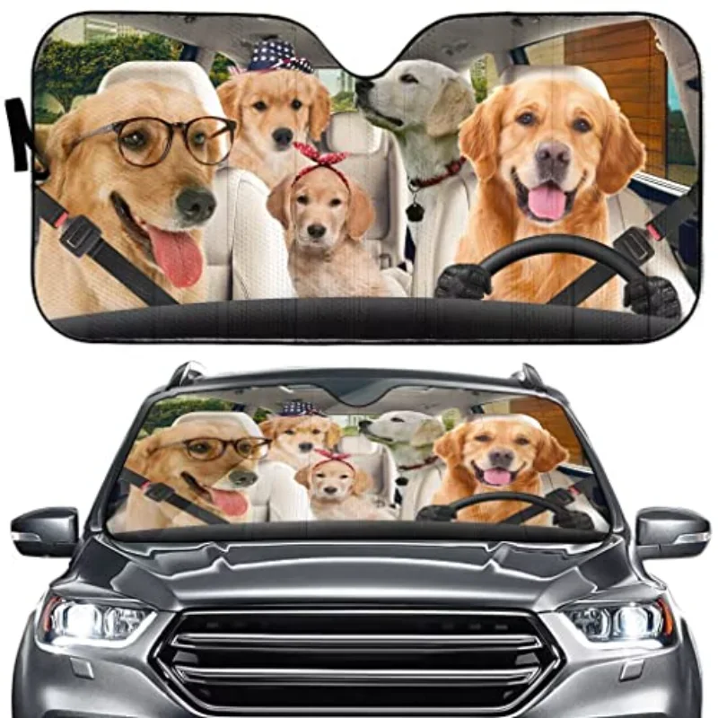 

Golden Retriever Dog Driving Car Sunshade Auto Windshield Sun Shade, Funny Animal Foldable Sun Visor Protector Sunshade for Truc