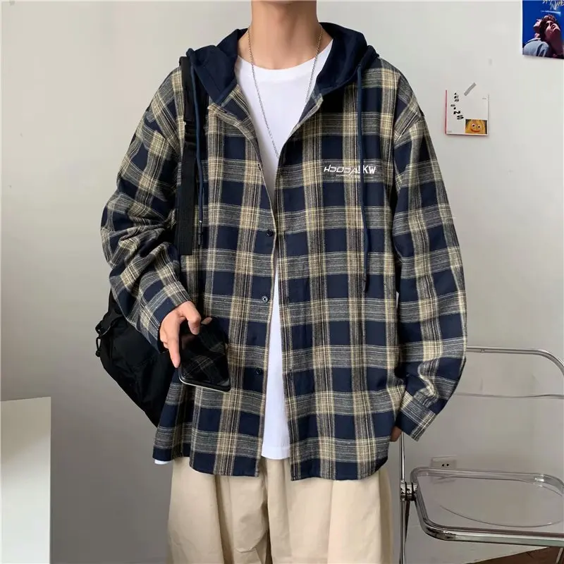 

New Men's Autumn Shirt Jacket Plaid Hooded Sweatshirt Loose Pullover Top