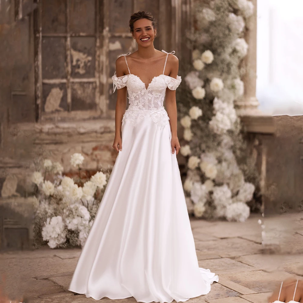 

Современное свадебное платье с открытыми плечами и V-образным вырезом, Кружевная аппликация для невесты, ТРАПЕЦИЕВИДНОЕ свадебное платье с Боковым Разрезом, изготовление на заказ, 2024 Rode De Morrie