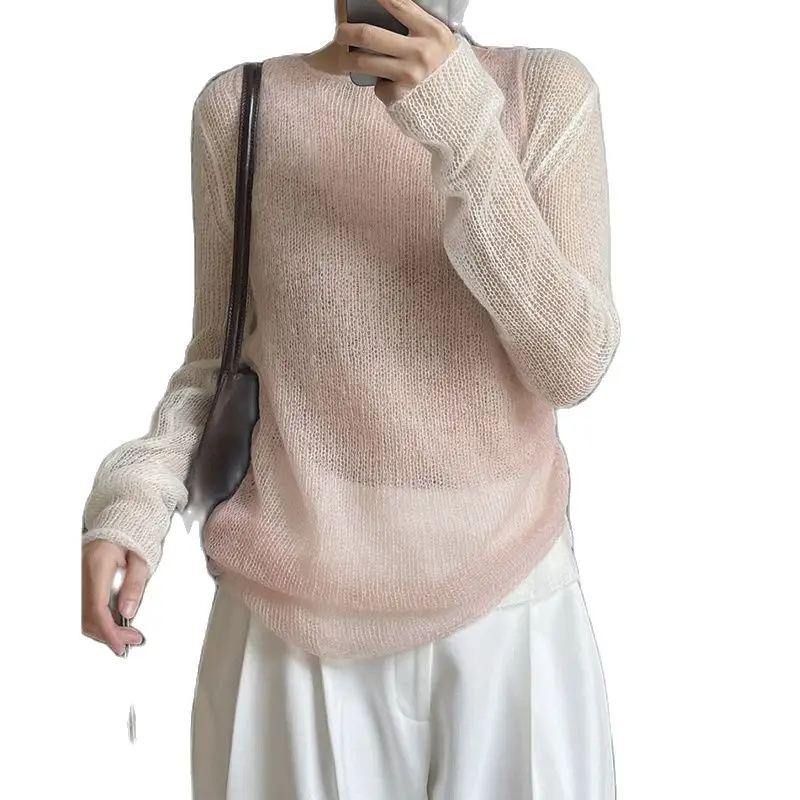 

Women's Spring Tank Sweater Two Pieces Top Mohair Knitted Thin See-through Blue Pink