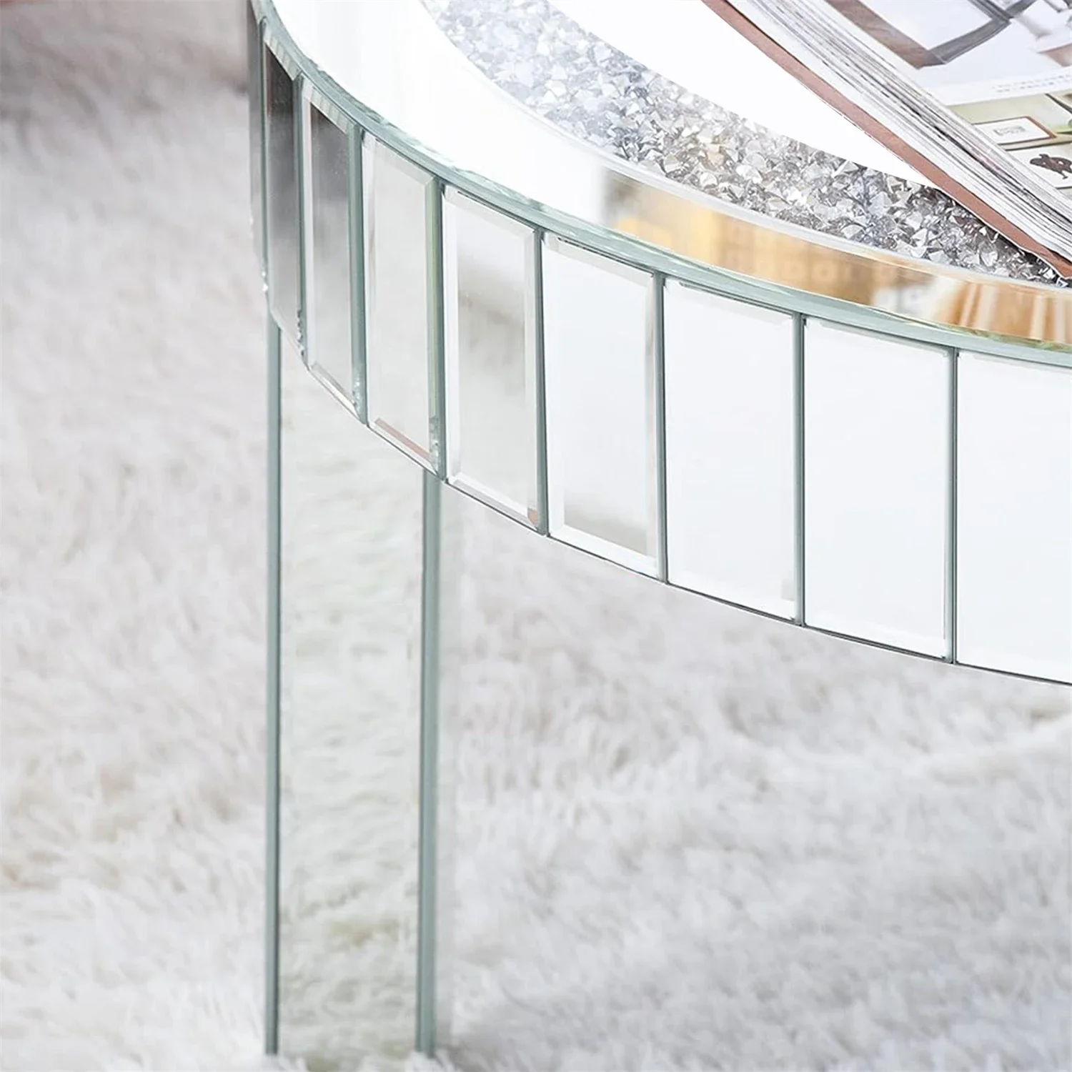 Crushed Crystal Round Coffee Table Glitz Sparkle Diamond Sofa Side Accent Table Bedside