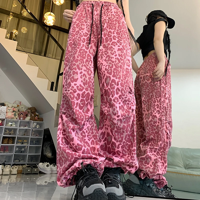 여성용 헐렁한 하라주쿠 청바지, 여성용 Y2k 빈티지 바지, 여성용 레드 레오파드 무늬, 일본 2000 년대 와이드 레그 팬츠, 미국 스트리트웨어