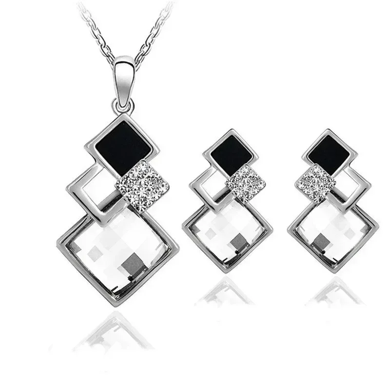 Fashion Creative Decoration Korean Minimalist Square Diamond Inlaid Necklace Earrings Set Collarbone Chain Accessories Gifts
