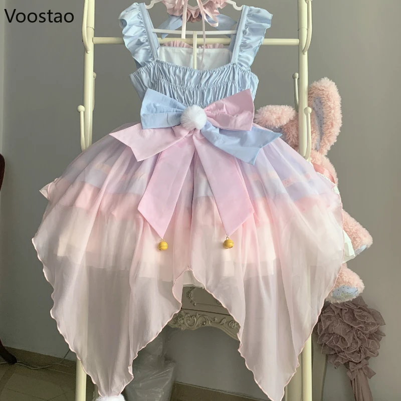 Japanese Sweet Lolita Jsk Dress Women Kawaii Bow Mesh Ruffles Tea Party Dresses Harajuku Cute Pink Blue Princess Mini Cake Dress lolita dress lolita cosplay costumes