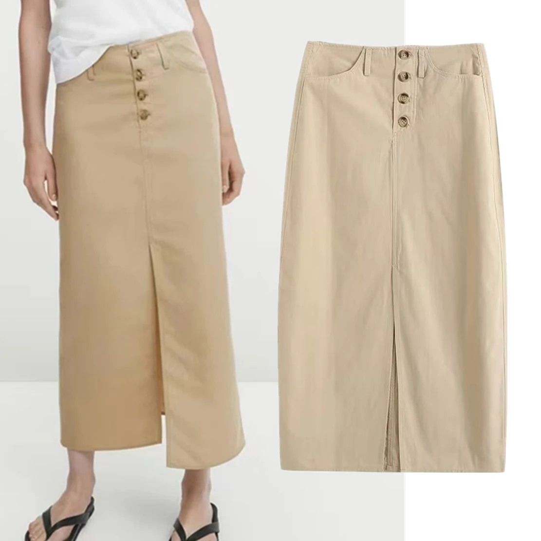 Dave&Di Autumn British Fashion Ladies Midi Skirt Retro Single Breasted Casual Khaki High Waist Straight Skirt Women
