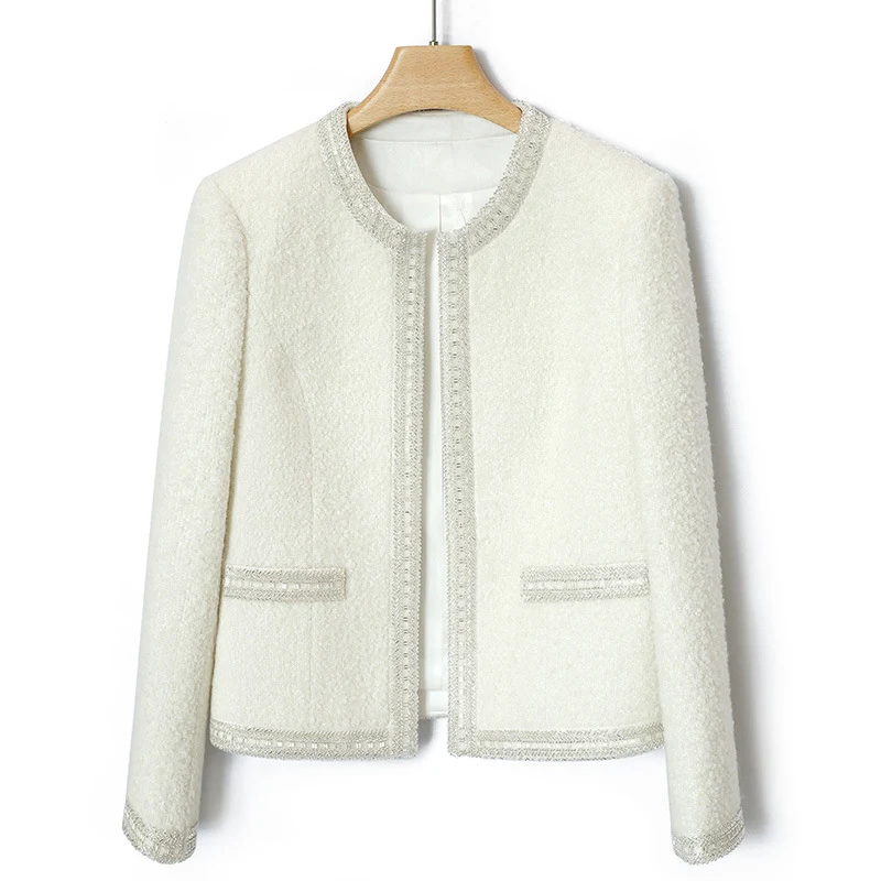 

White tweed top for autumn/winter women's casual top for women's fashion, classic jacket for socialites, thickened