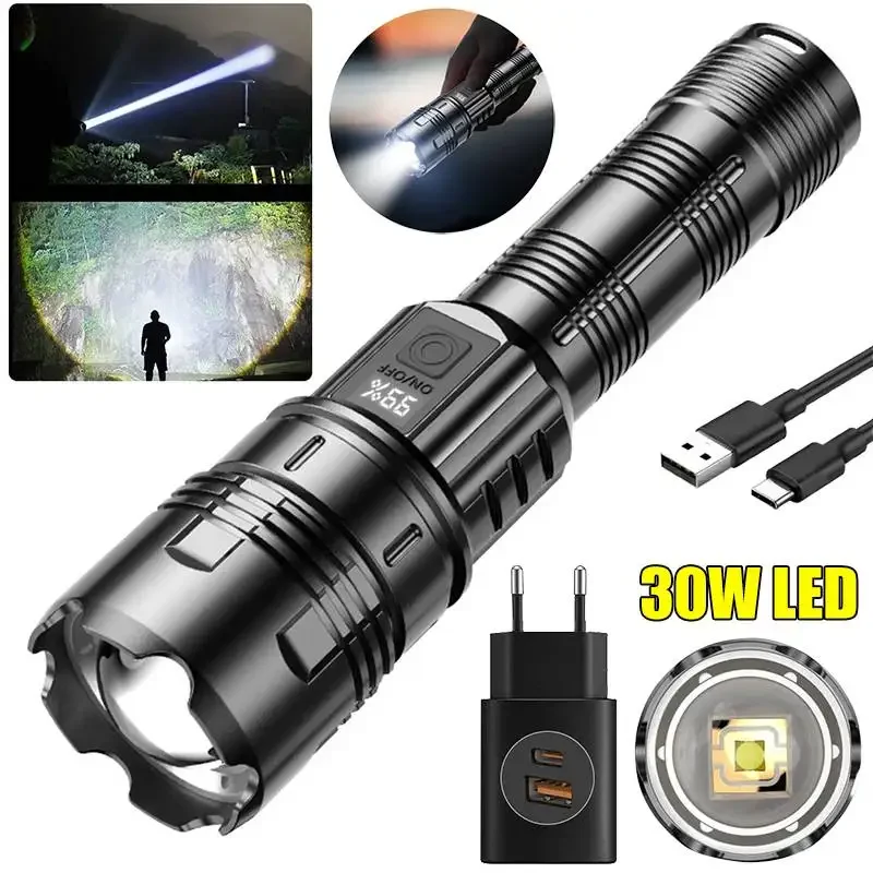 High Power White Laser LED Flashlight USB Rechargeable Strong Light Tactical Torch with Power Display Camping Hunting Lantern