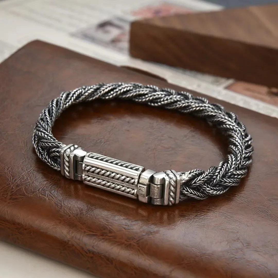 

Real S925 Silver Jewelry Retro Heavy Industry Pure Handmade Woven Twist Bracelet for Men and Women Trendy Gifts