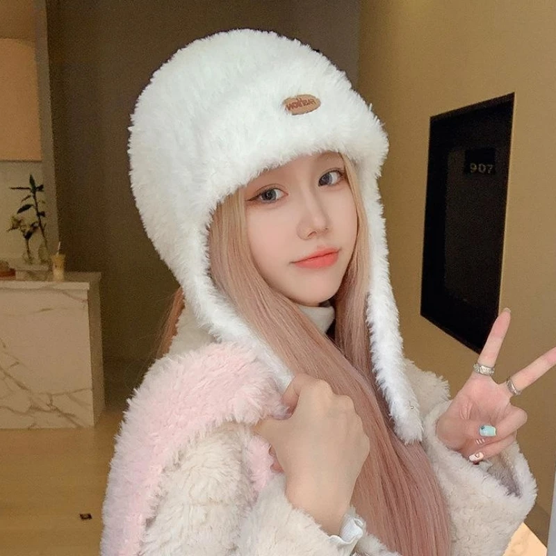 

Warm Plush Hat Women Girl Winter Thickened Cap Apparent Face Small Knitted Wool Ear Protection Imitation Rabbit Hair Furry