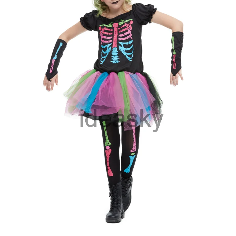 Rainbow Skeleton Girl Costume Toddler Funky Punky Bone Costume Carnival Purim Halloween For Kids Cosplay Costume,Halloween Dress Outfit