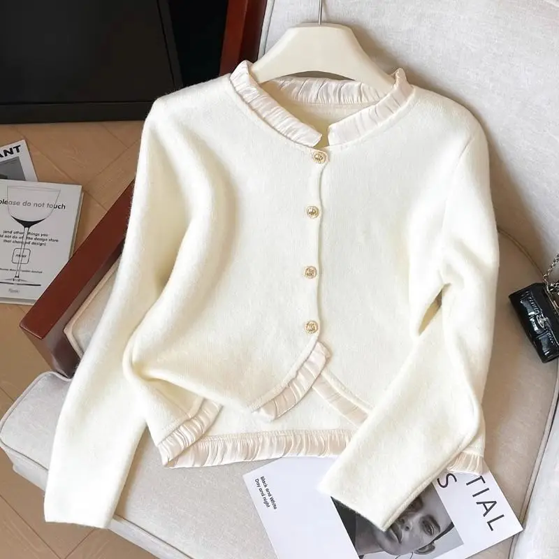 thumbnail image 1 of Cárdigan de punto de color liso con cuello redondo para mujer, suéter de manga larga con volantes a la moda para otoño e invierno, prendas de punto sencillas que combinan con todo, 1 of 5