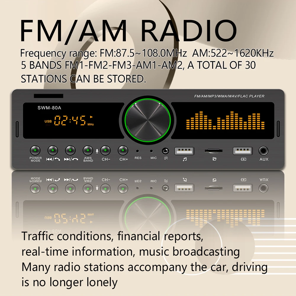 1DIN Car Digital STEREO Radio MP3 Player Bluetooth 12V 60W x 4 FM Audio USB/SD 3.5mm auX-in Compatible