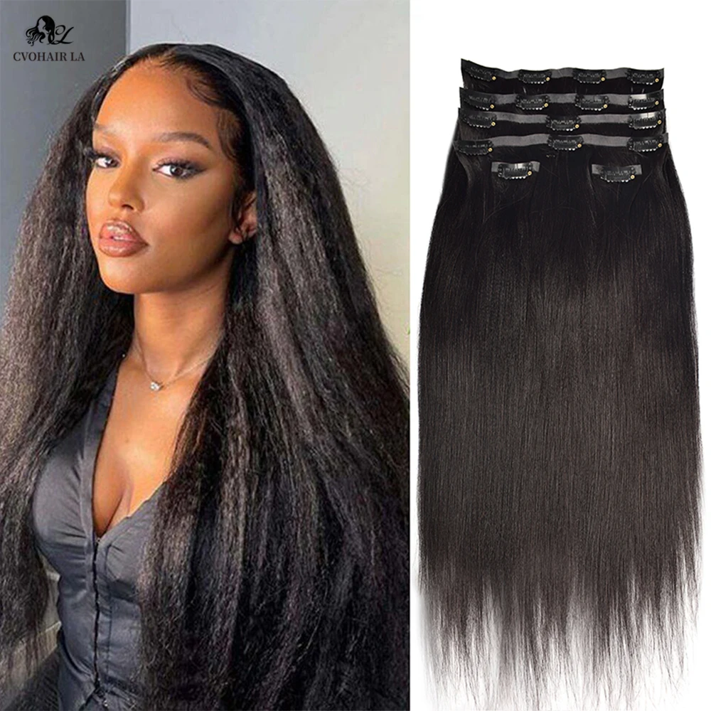 6PCS Afro Seamless Clip Ins Straight In Wome Hair PU Clip Full Head Black Human Hair Thin Invisible Extensions 100％ Human