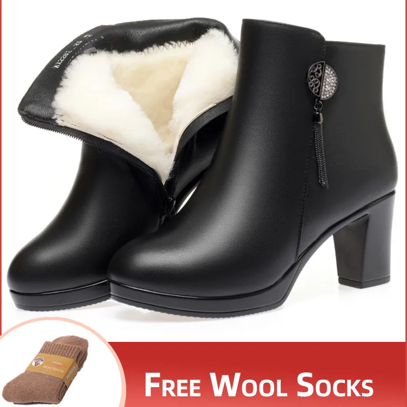 

Women Winter Boots Genuine Leather 2023 New High Heel Dress Women Boots Warm Wool Office Women's Booties