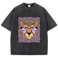 Vintage Womens Acid Wash T-Shirts Leopard Cartoons Printing Tees Crewneck Cotton Oversize Short Sleeve Fashion Female Clothes - Image 6