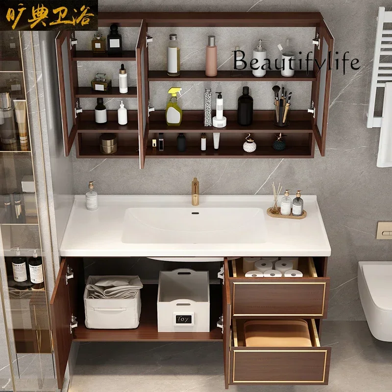 ceramic integrated basin smart bathroom washbasin bathroom Chinese cabinet combination oak