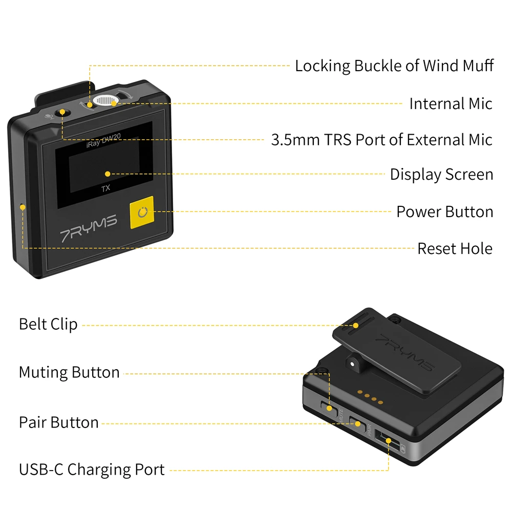 7RYMS iRAY DW20 PRO 2.4G Dual Wireless Lapel Microphone with Charging Case for C