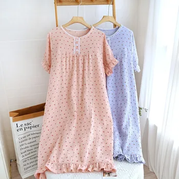 Short Sleeve Nightdress Women Lace Cherry Printed Nightgown Japanese Style Thin Bathrobe Pajamas Nightwear Lingerie Sleepwear