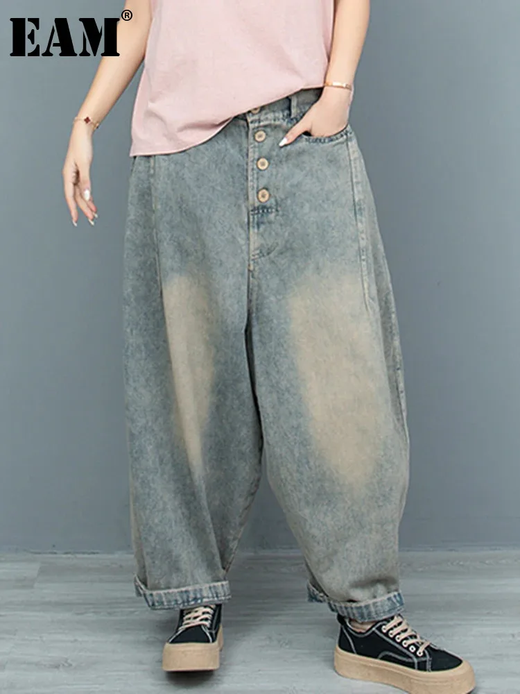 

[EAM] High Waist Blue Denim Long Casual Vintage Wide Leg Jeans New Women Trousers Fashion Tide Spring Autumn 2024 1DH6438