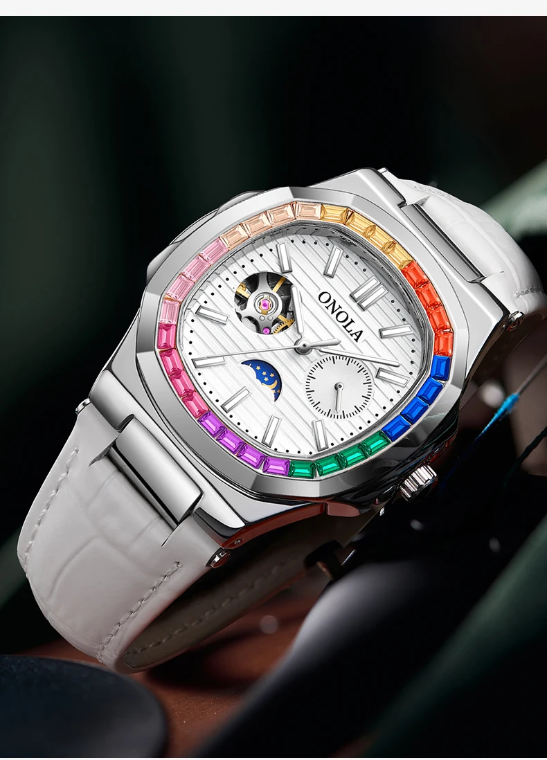 ONOLA Fashion Colorful Diamond Hollow Fully Automatic Mechanical Men's and Women's Watches Waterproof Leather Watch Men's Clock_voghion.com