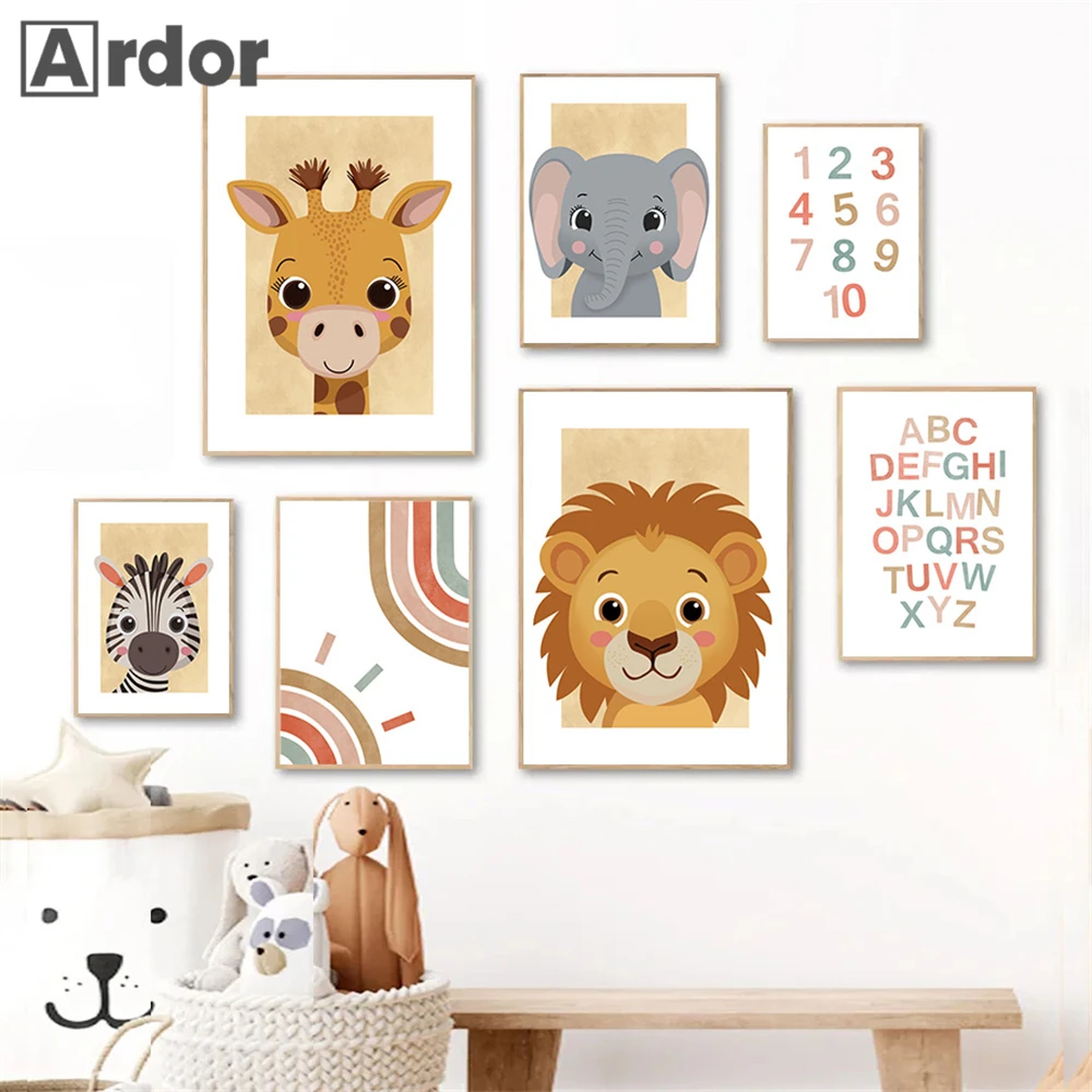

Rainbow Number Alphabet Wall Art Canvas Poster Lion Zebra Giraffe Elephant Print Painting Nursery Wall Pictures Kids Room Decor