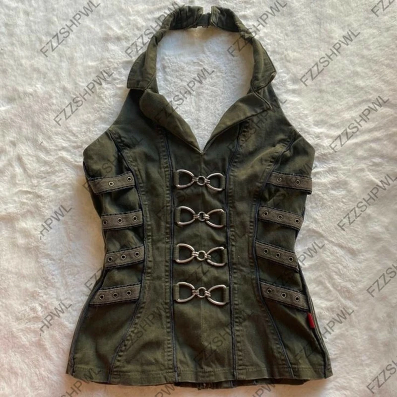 Button Harajuku Y2k Tank Top Stripe Graphic Print Punk Crop top Streetwear Rock Goth Vest Subculture Spicy Girls Sleeveless Tops 1
