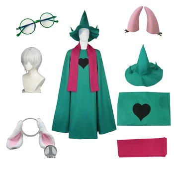 Set Completo Cosplay Halloween Deltarune Principe Ralsei: Parrucche, Orecchie, Occhiali, Corno, Cappello da Mago a Punta, Abito e Mantello Verde