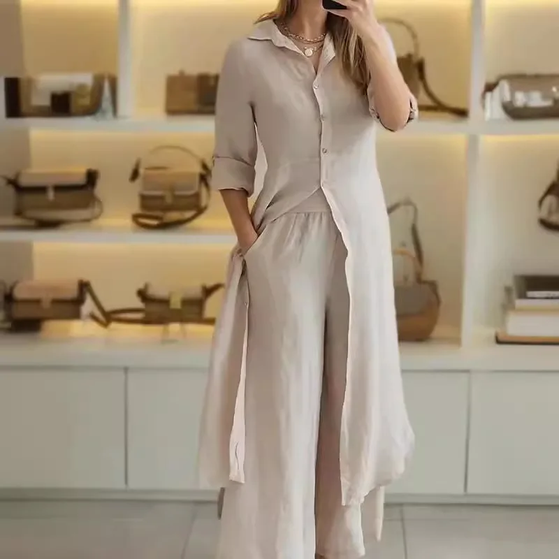 Cotton Linen Women Blouse Dress Suits Casual