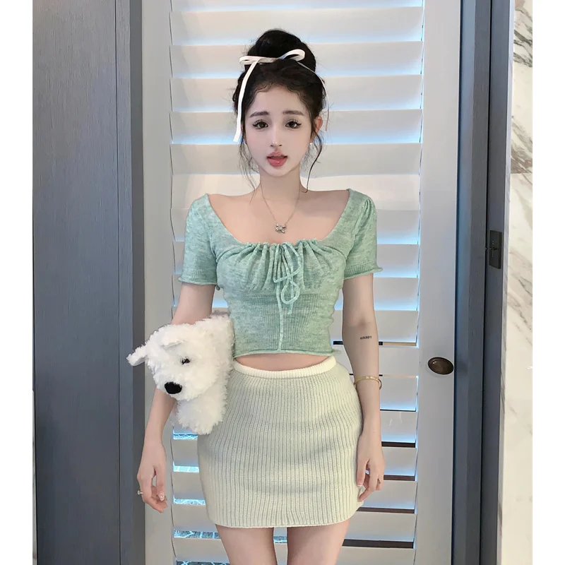 

Женская одежда, милая и Пряная мягкая кружевная короткая приталенная дизайнерская вязаная кофта, трапециевидная юбка, комплект из двух предметов