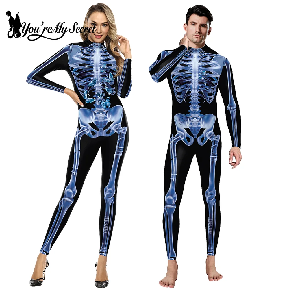 Halloween Cosplay Costumes For Adult Skeleton Printed Zentai Jumpsuit Performance Bodysuits Party Fancy Outfit