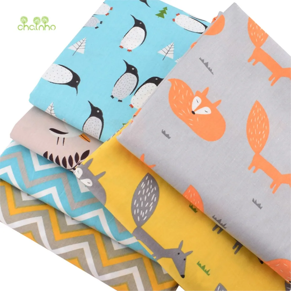 Chainho,Printed Twill Cotton Fabric,Patchwork Cloth,DIY Sewing & Quilting Material,6 Designs,2 Size,Fox & Penguin Series,CC203