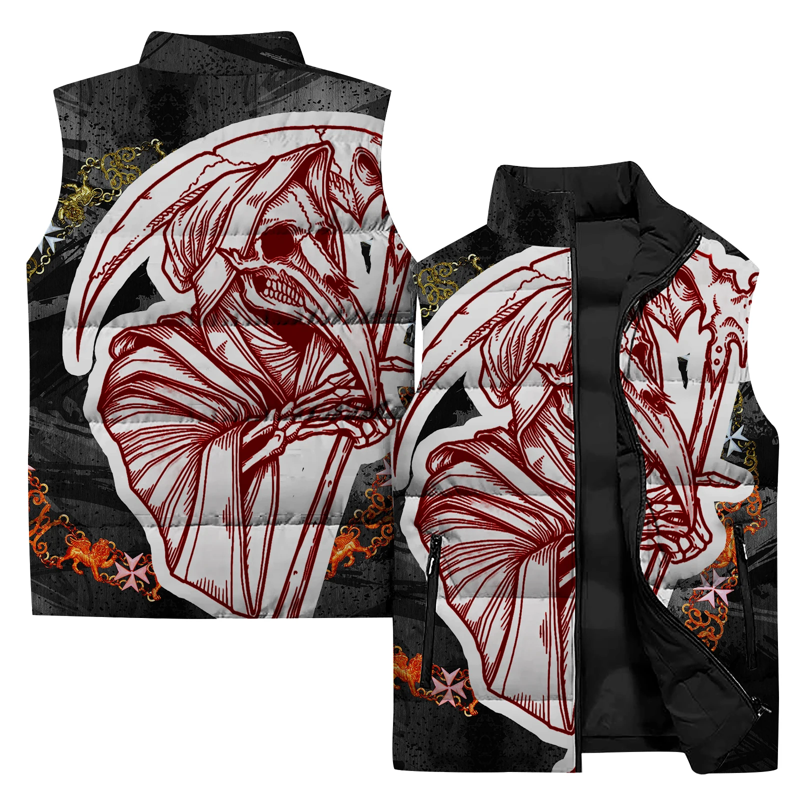 thumbnail image 1 of Chaleco de punto fresco para hombres, chaleco acolchado para hombres con diseño de huesos, chaleco con estampado digital 3D de calavera y esqueleto, chaquetas de invierno modernas para hombres de alta, 1 of 5