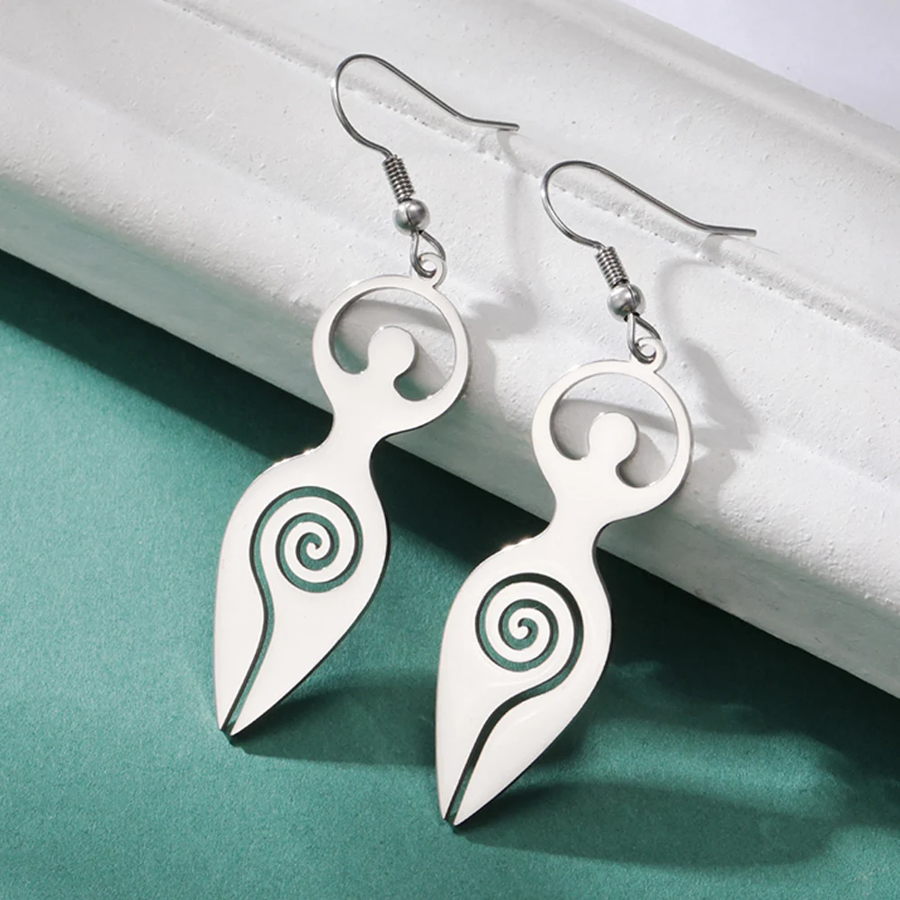Dawapara Dreifachmond-Spiralgöttin-Symbol, baumelnde Ohrringe, Wicca, Pentagramm, heidnischer Edelstahl, Damenschmuck