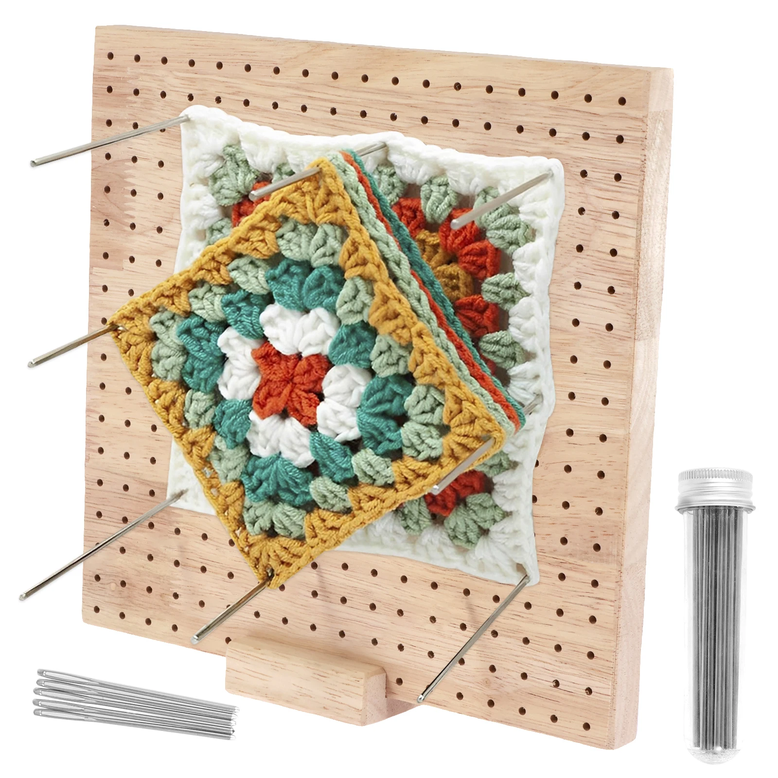 

Wooden Crochet Blocking Board Reusable Handcrafted Knitting Blocking Mat Set with 20 Stainless Steel Pins 5 Large Eye Needle and