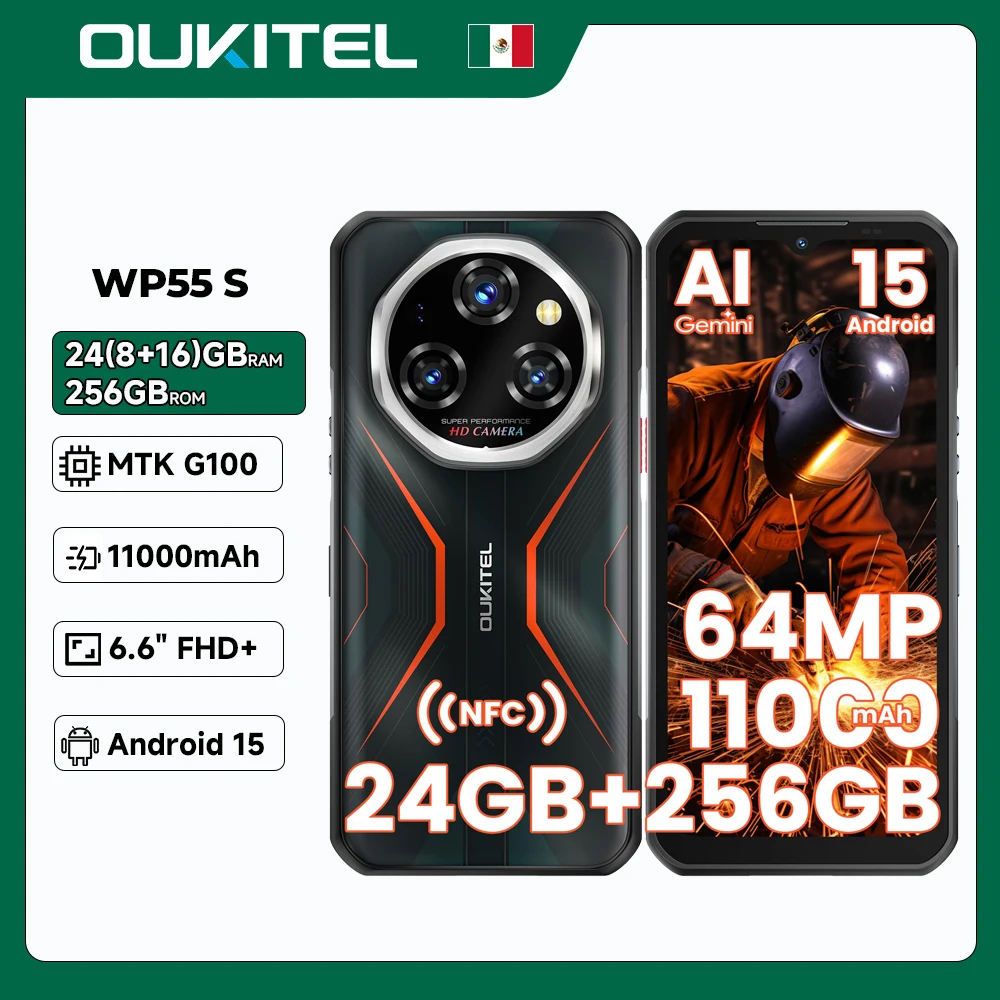 OUKITEL WP55 S 11000mAh Telefono Rugerizado 6.6 FHD 120Hz MTK G100 Android 15 Gemini AI Movil Resistente 24GB RAM+256GB ROM 5G Móvil Rugerizado 64MP+32MP, Dual SIM, NFC