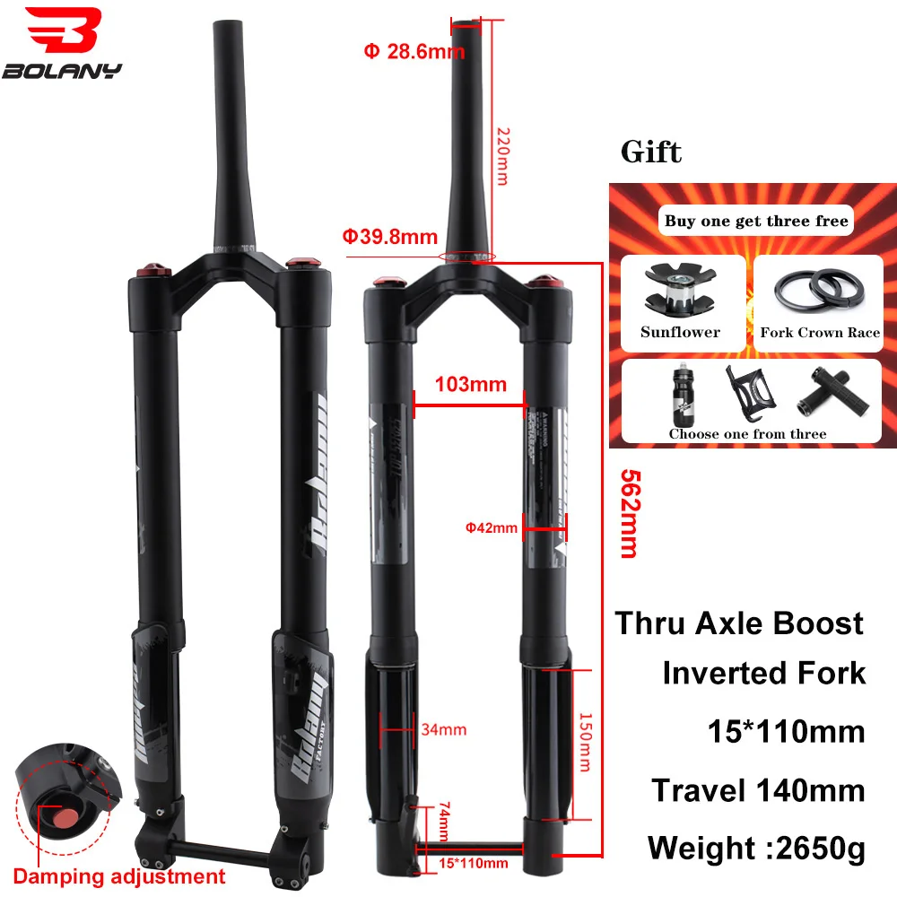 BOLANY MTB Inverted Fork Bike Boost Thru Axle Air Suspension Rebound