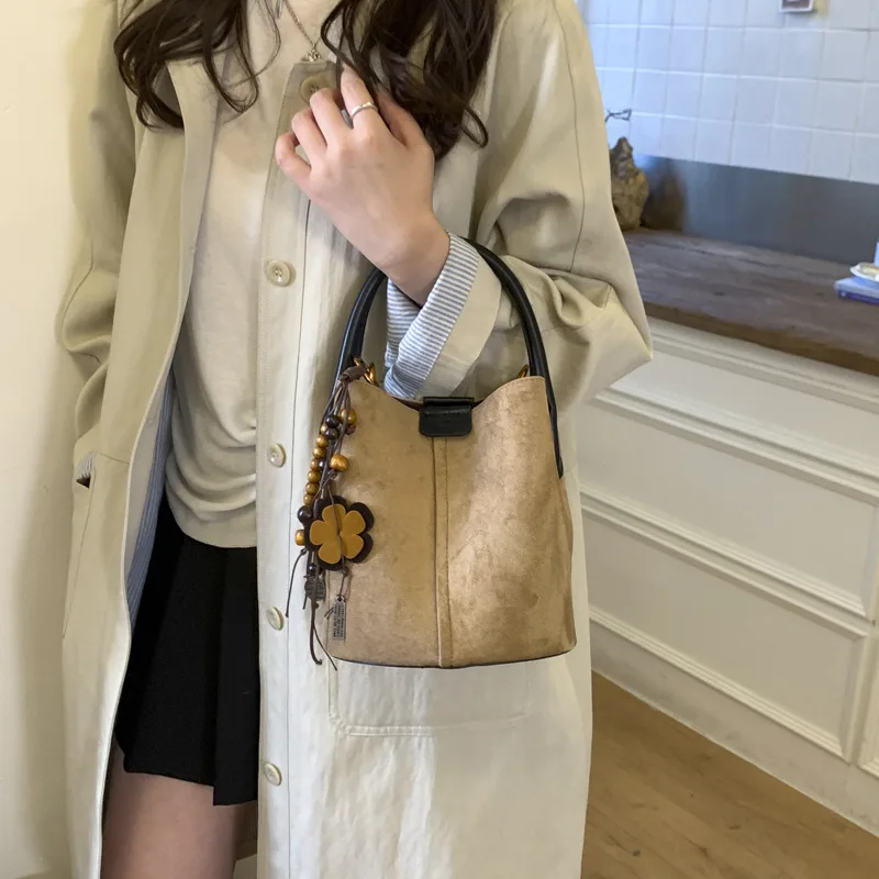 Vintage Matte Suede Bucket Bag Lazy Style Fashion Handbag Tote Sub Bag Casual Shoulder Crossbody Bag for Women