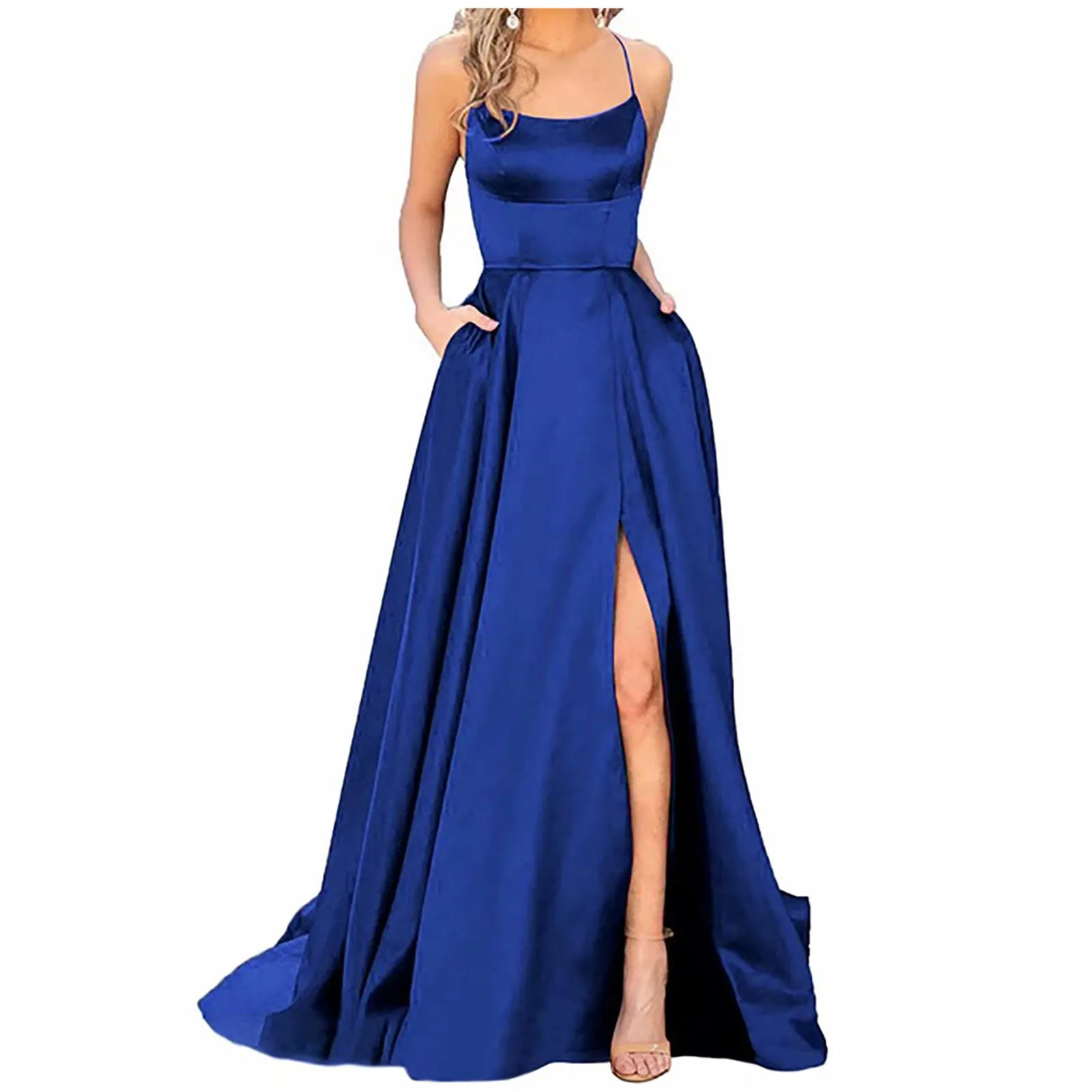 

Women Elegant Halterneck Backless Long Dresses Slit Criss-cross Satin Spaghetti Strap Party Prom Dress Evening Ceremonial Dress